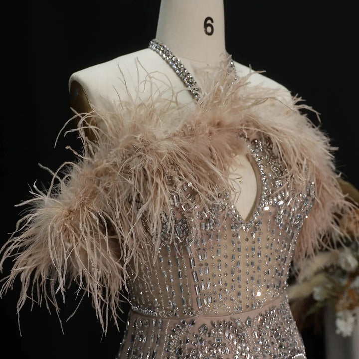 Romantic Feathered Evening Gown with Beaded Bodice Halter Neckline SS124