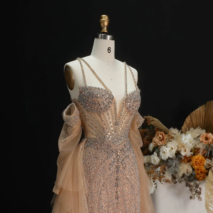 Elegant Off-Shoulder Evening Gown with Beaded Bodice Layered Tulle Train SS123