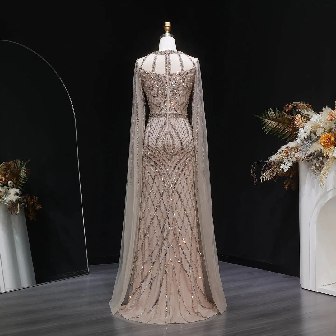 Elegant Pink Evening Gown Beads with sheer cape sleeves SS126