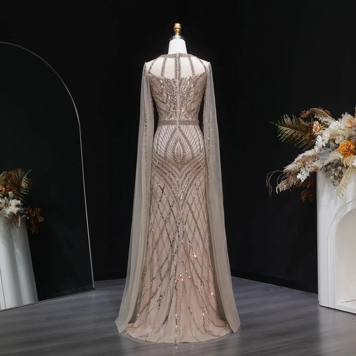 Elegant Pink Evening Gown Beads with sheer cape sleeves SS126