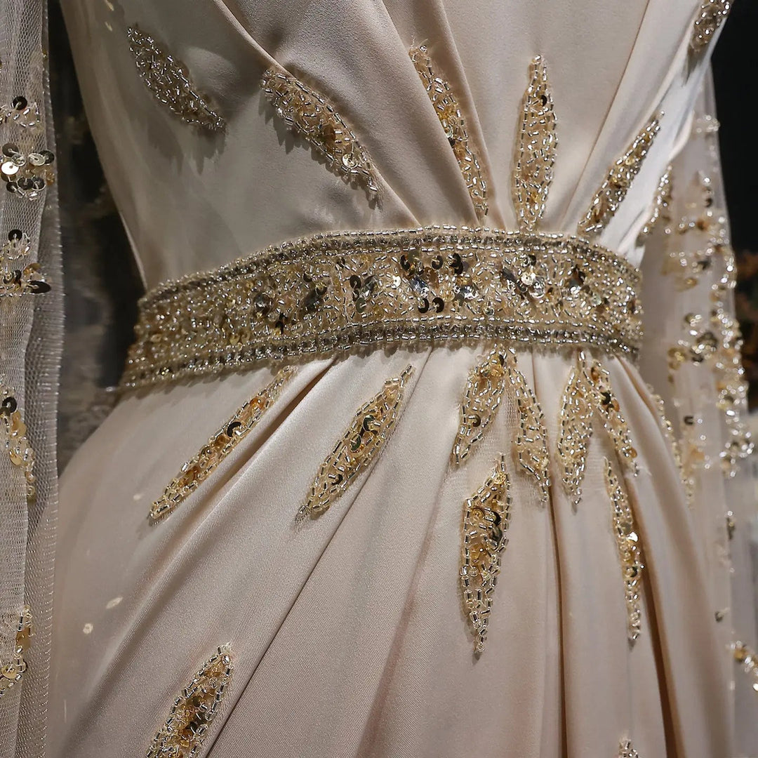 Luxury Champagne Cape Sleeve Evening Dress with Crystal Beading SS213