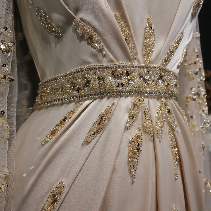 Luxury Champagne Cape Sleeve Evening Dress with Crystal Beading SS213