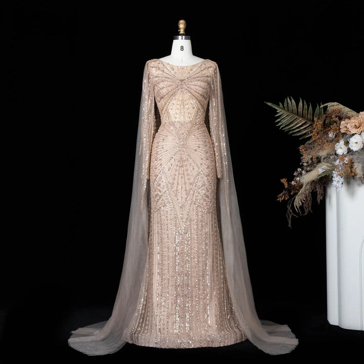 Beaded Long Sleeve Cape Mermaid Prom Evening Dress SS051
