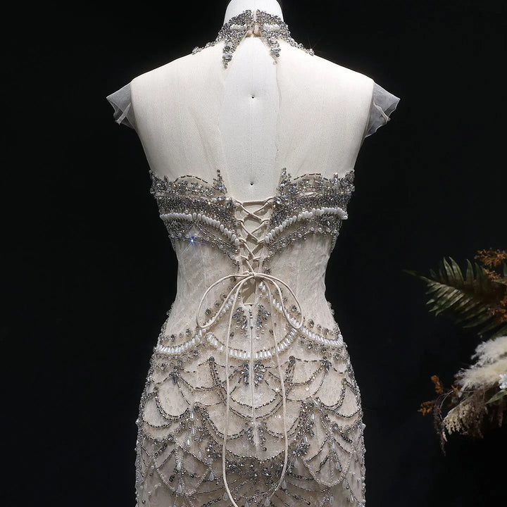 Luxury Silver Beaded High-Neck Mermaid  Evening Gown with Sheer Overlay SS380