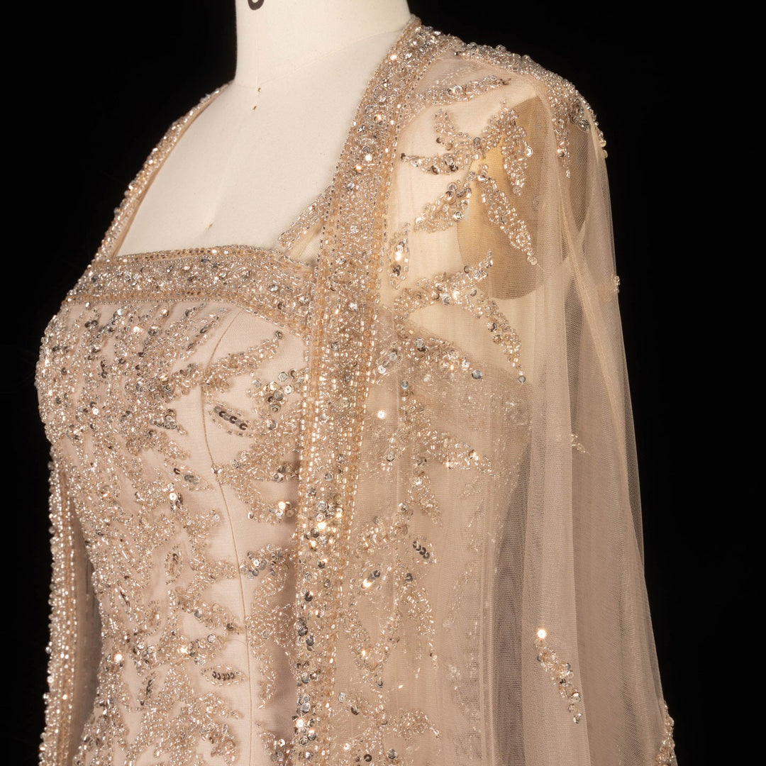 Luxury Beaded Evening Dress with Sheer Cape in Pink White SS393