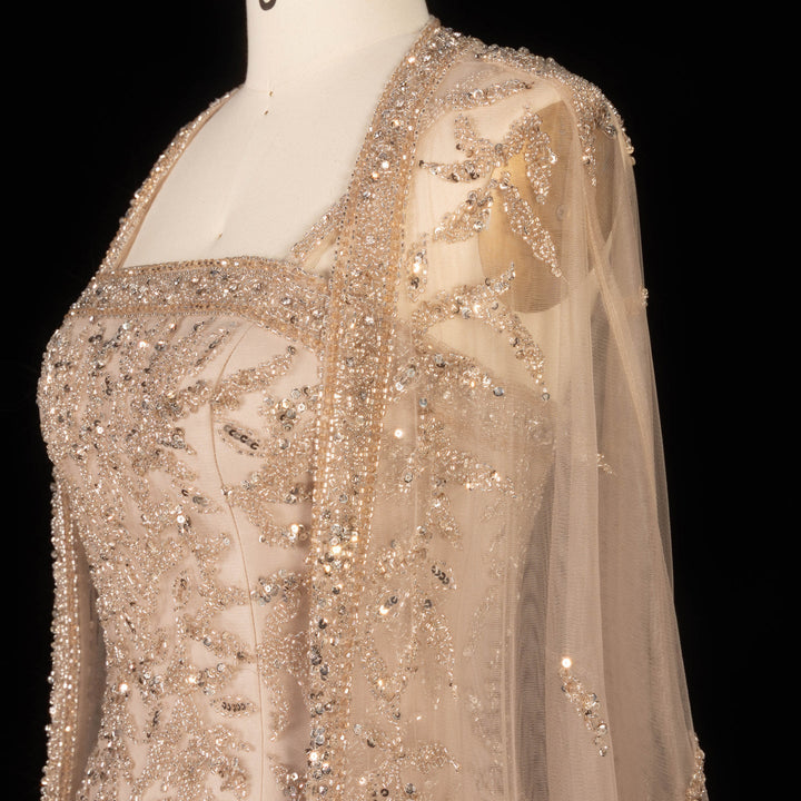 Luxury Beaded Evening Dress with Sheer Cape in Pink White SS393