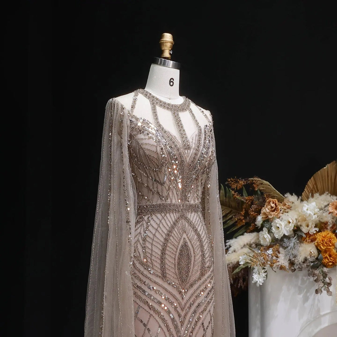 Elegant Pink Evening Gown Beads with sheer cape sleeves SS126