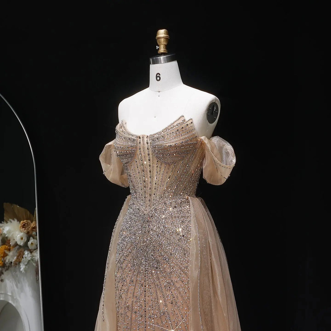 Luxury Pink Crystal Off-Shoulder Evening Dress With Overskirt SS120