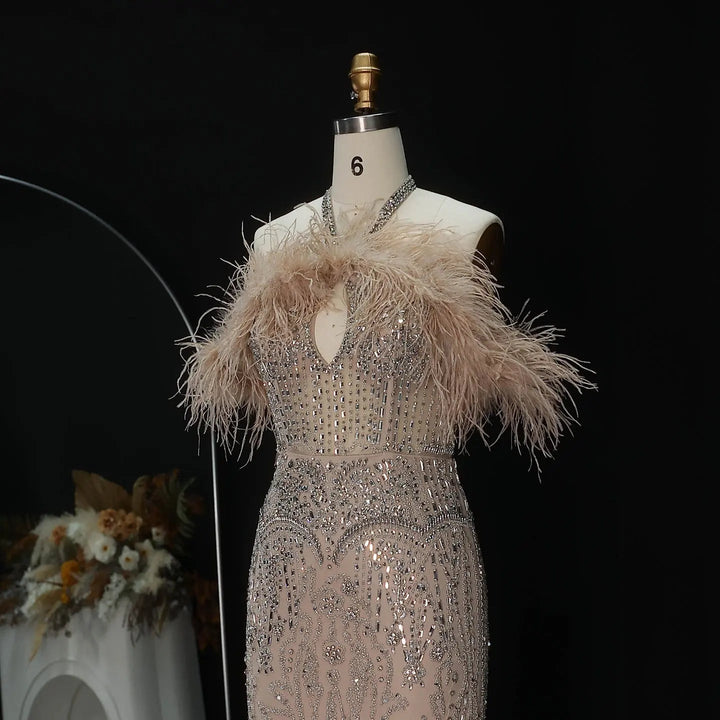 Romantic Feathered Evening Gown with Beaded Bodice Halter Neckline SS124