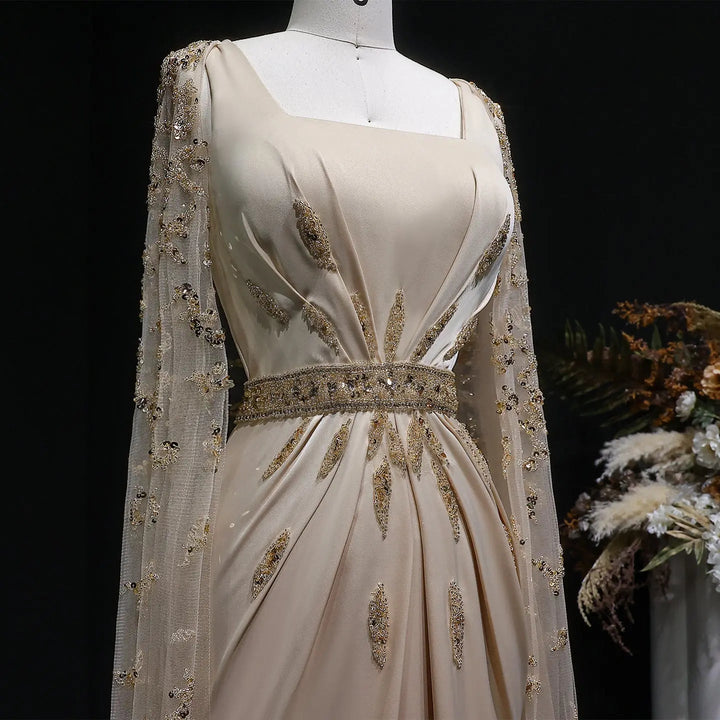 Luxury Champagne Cape Sleeve Evening Dress with Crystal Beading SS213