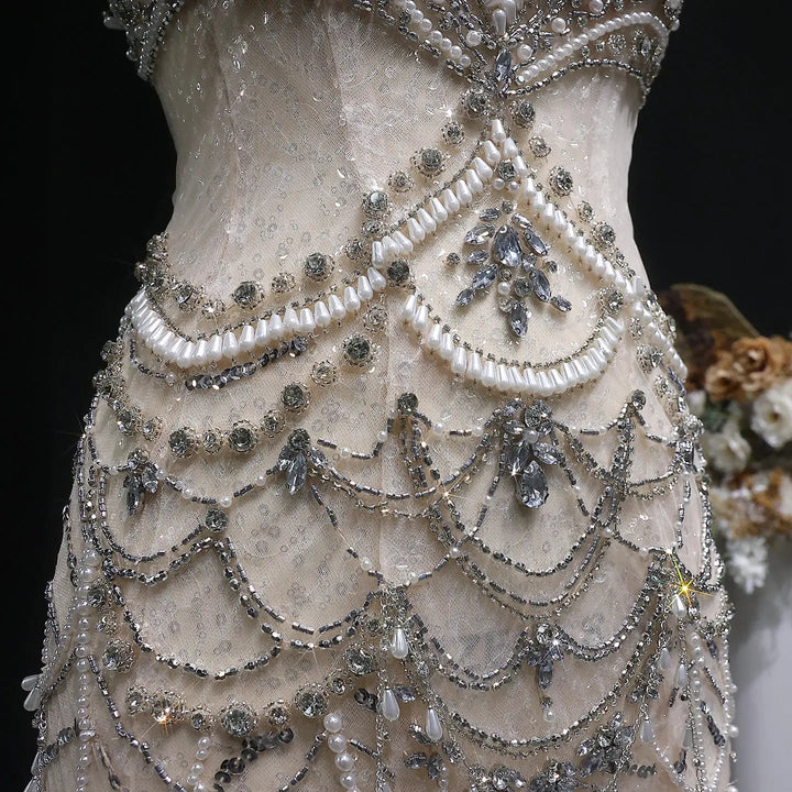Luxury Silver Beaded High-Neck Mermaid  Evening Gown with Sheer Overlay SS380