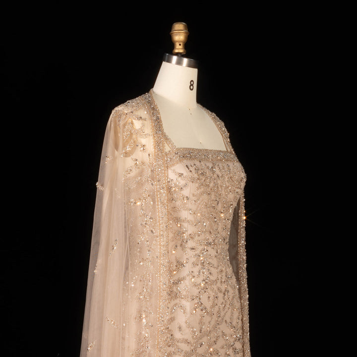 Luxury Beaded Evening Dress with Sheer Cape in Pink White SS393