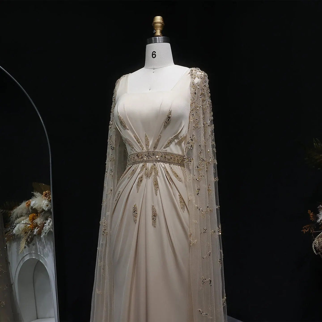 Luxury Champagne Cape Sleeve Evening Dress with Crystal Beading SS213