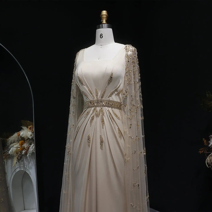 Luxury Champagne Cape Sleeve Evening Dress with Crystal Beading SS213