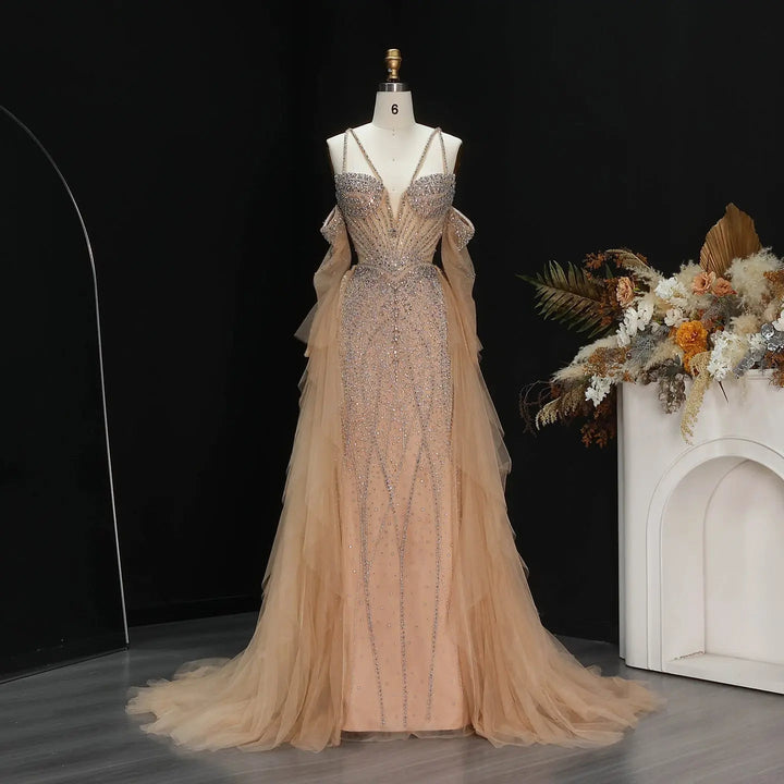 Elegant Off-Shoulder Evening Gown with Beaded Bodice Layered Tulle Train SS123