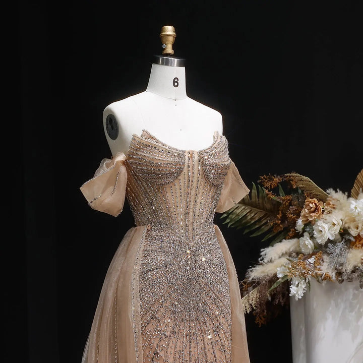 Luxury Pink Crystal Off-Shoulder Evening Dress With Overskirt SS120