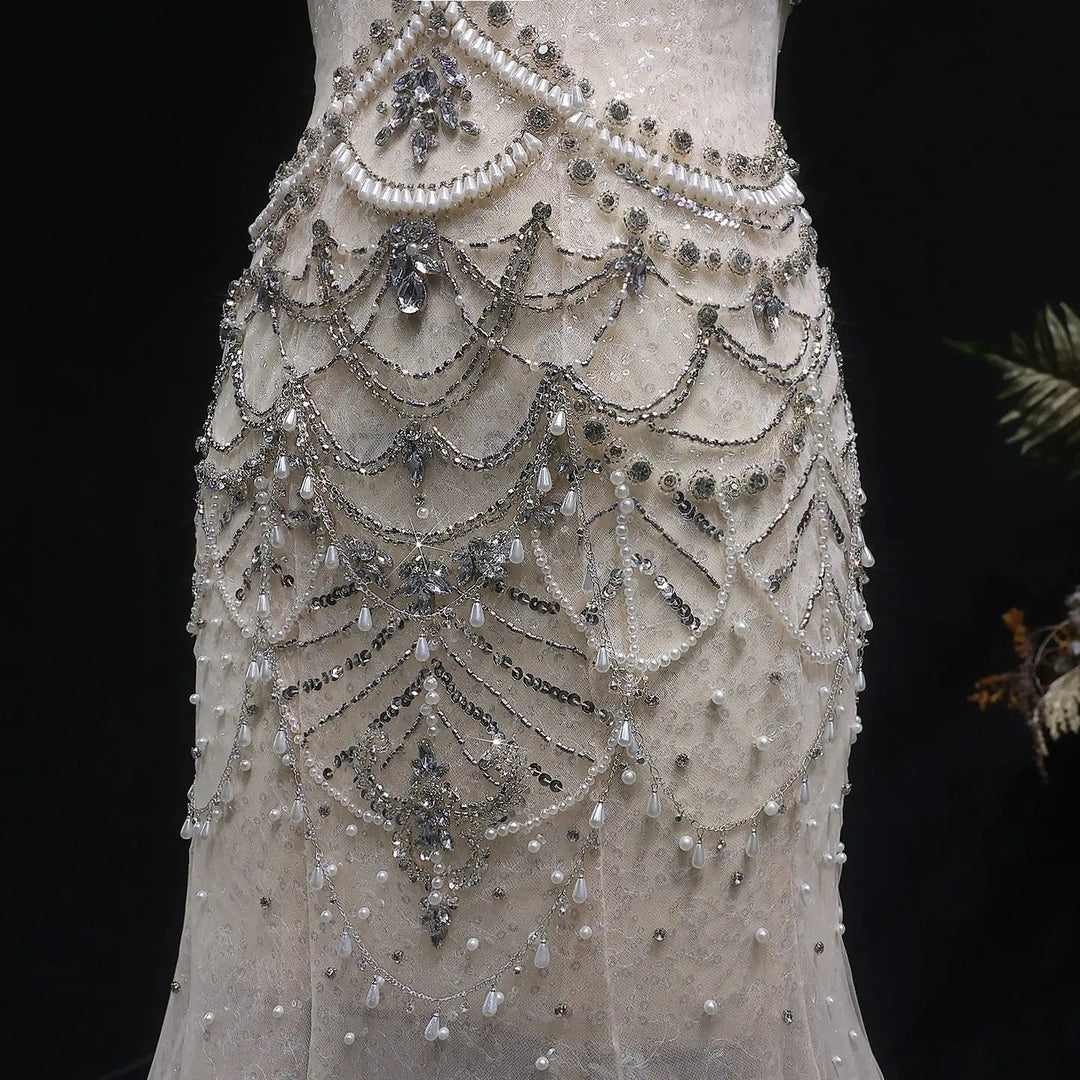 Luxury Silver Beaded High-Neck Mermaid  Evening Gown with Sheer Overlay SS380