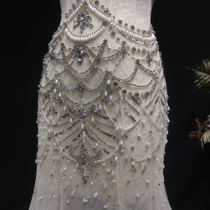 Luxury Silver Beaded High-Neck Mermaid  Evening Gown with Sheer Overlay SS380