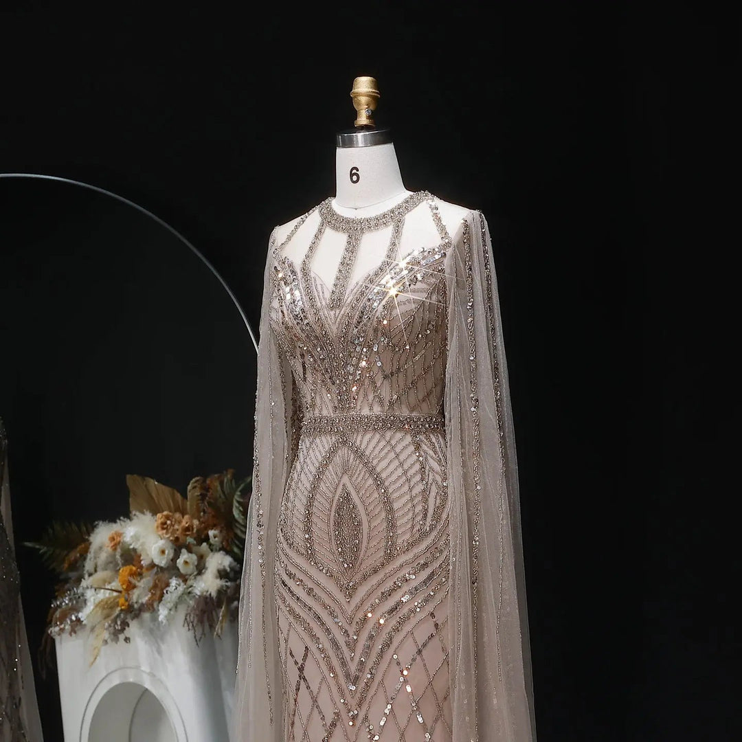 Elegant Pink Evening Gown Beads with sheer cape sleeves SS126