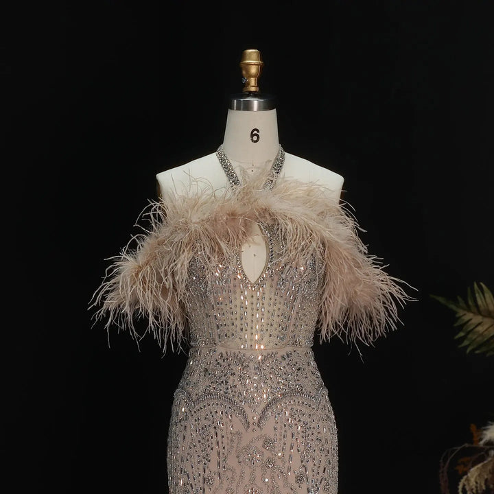 Romantic Feathered Evening Gown with Beaded Bodice Halter Neckline SS124