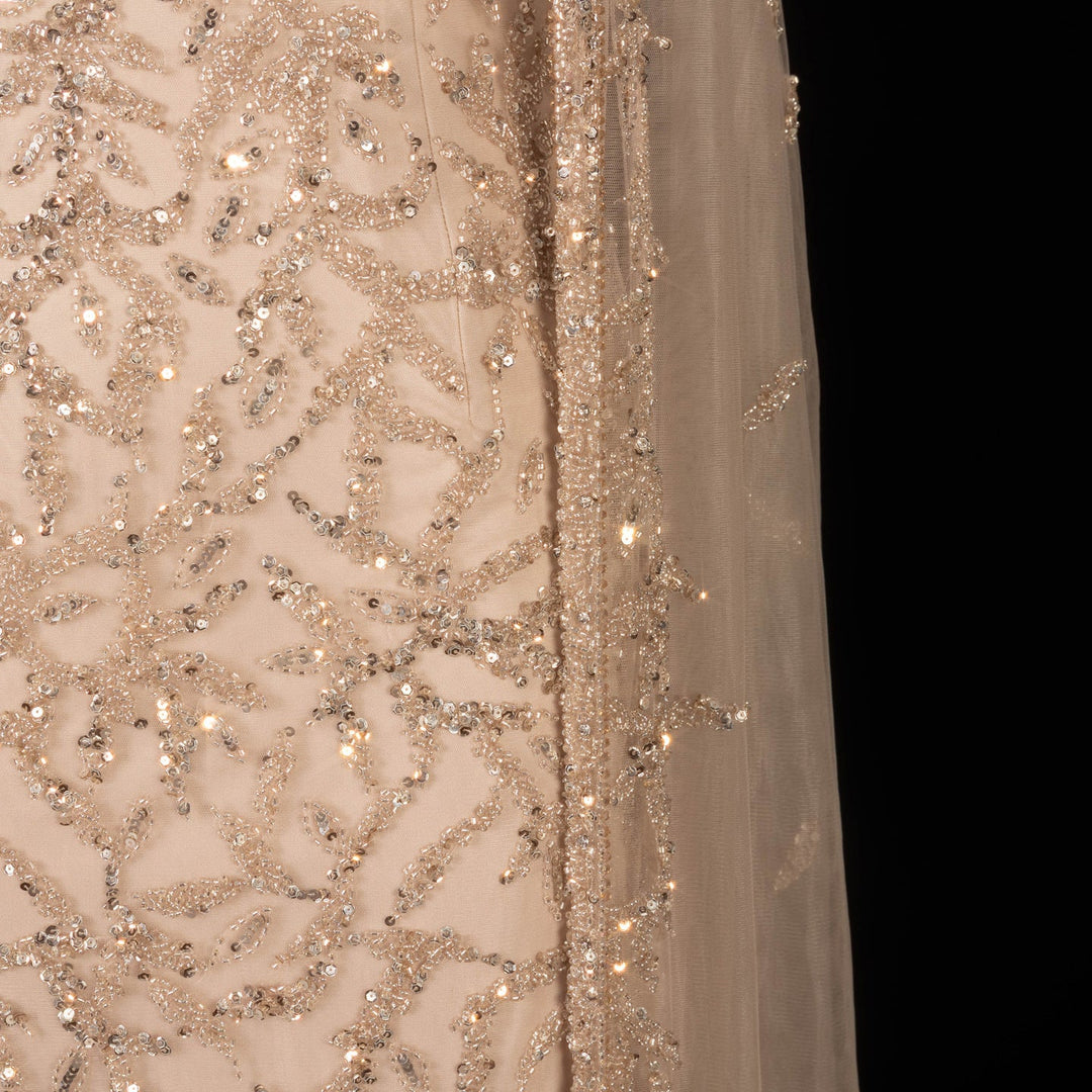 Luxury Beaded Evening Dress with Sheer Cape in Pink White SS393