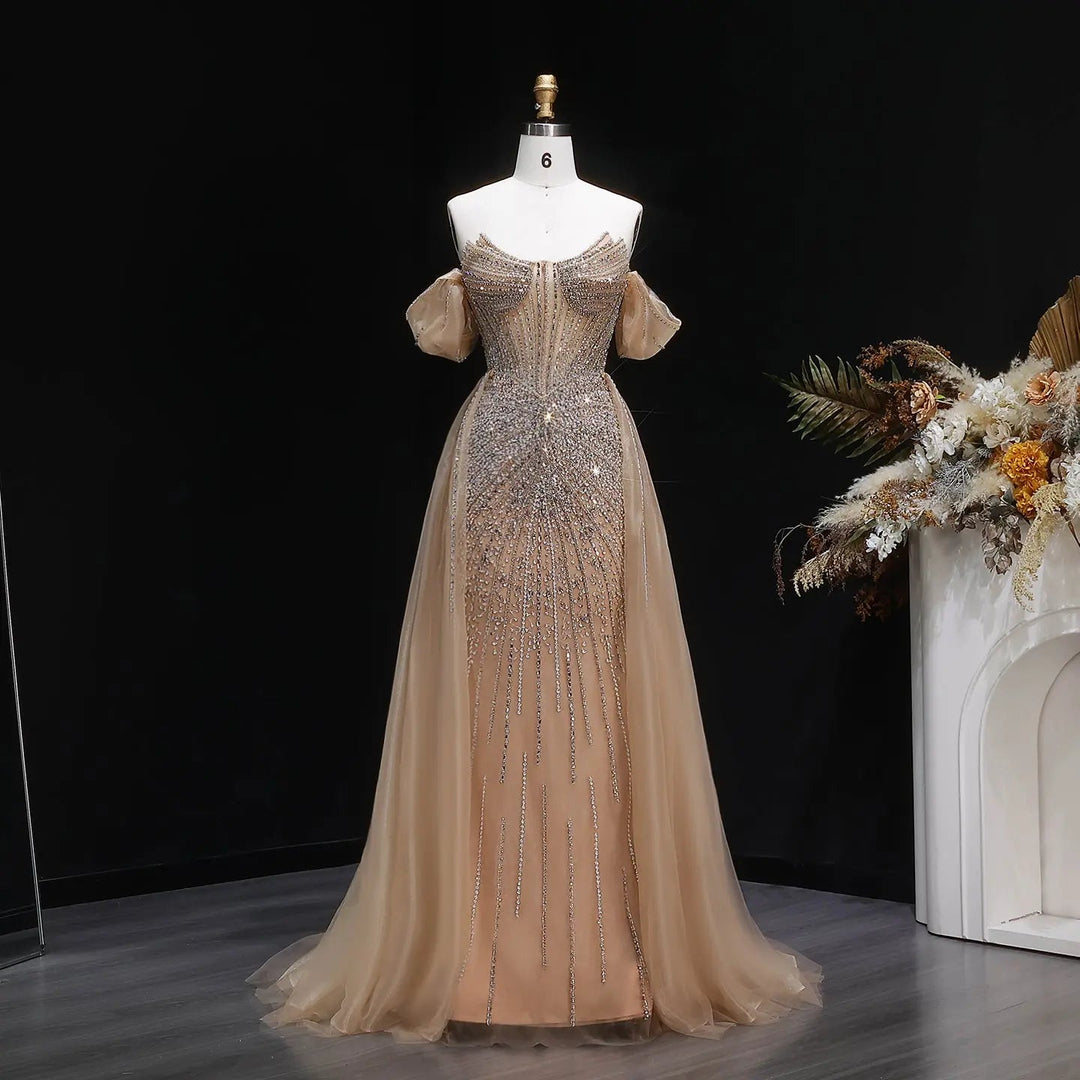 Luxury Pink Crystal Off-Shoulder Evening Dress With Overskirt SS120