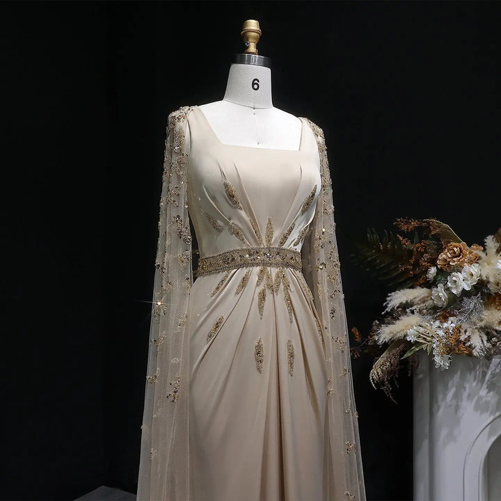 Luxury Champagne Cape Sleeve Evening Dress with Crystal Beading SS213
