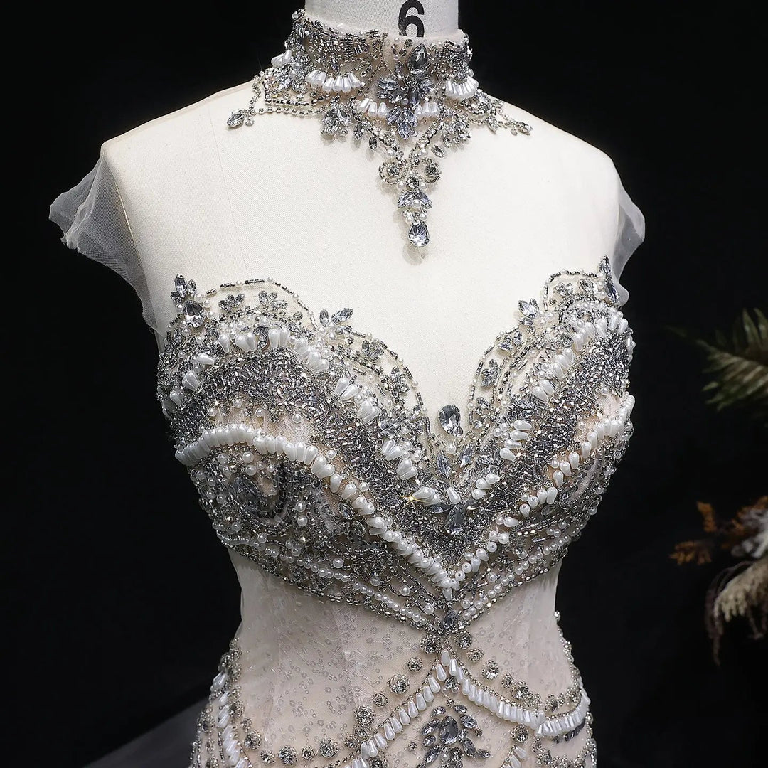 Luxury Silver Beaded High-Neck Mermaid  Evening Gown with Sheer Overlay SS380