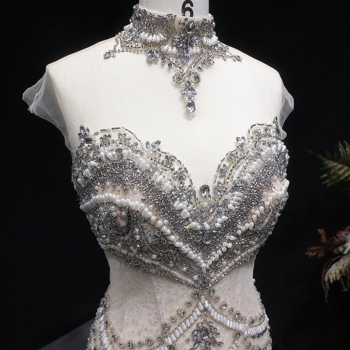 Luxury Silver Beaded High-Neck Mermaid  Evening Gown with Sheer Overlay SS380