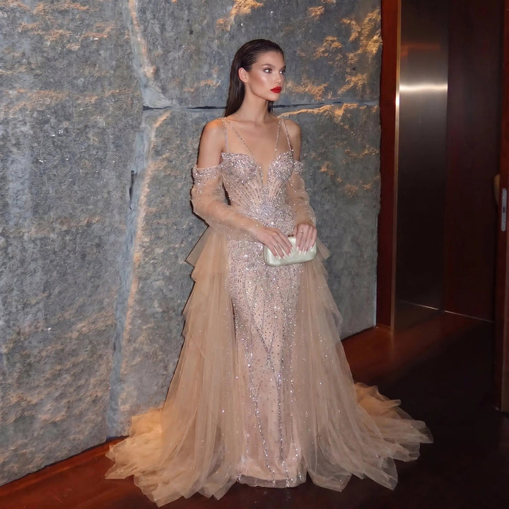 Elegant Off-Shoulder Evening Gown with Beaded Bodice Layered Tulle Train SS123