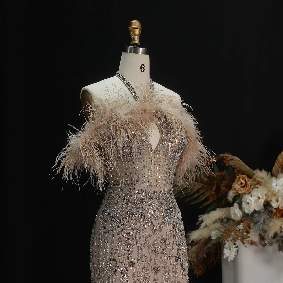 Romantic Feathered Evening Gown with Beaded Bodice Halter Neckline SS124