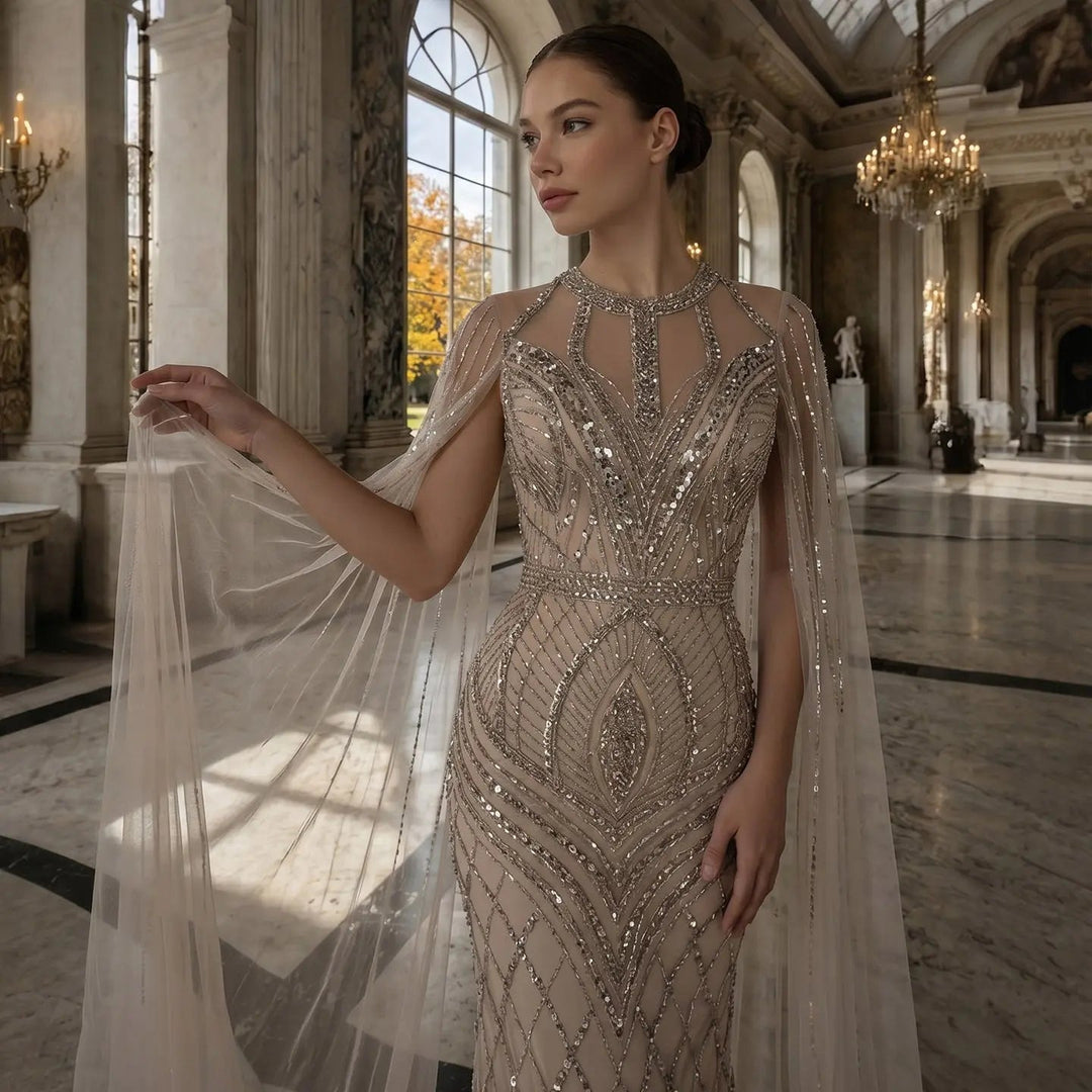 Elegant Pink Evening Gown Beads with sheer cape sleeves SS126