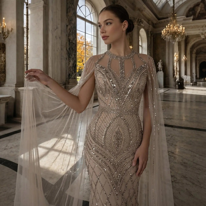 Elegant Pink Evening Gown Beads with sheer cape sleeves SS126
