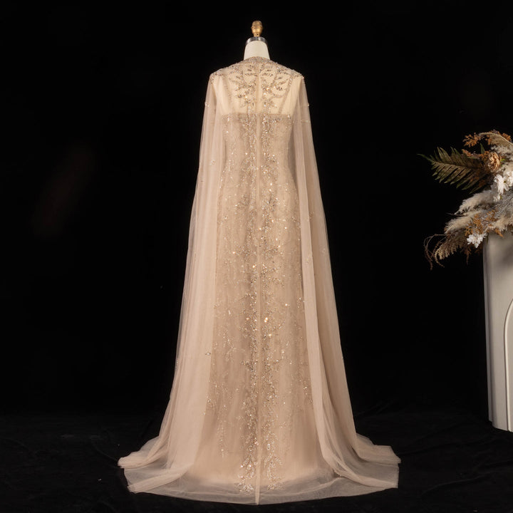 Luxury Beaded Evening Dress with Sheer Cape in Pink White SS393