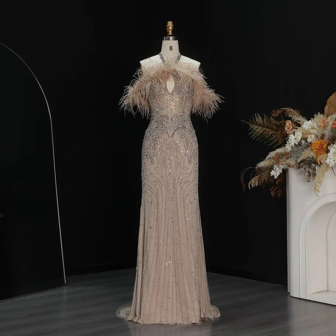 Romantic Feathered Evening Gown with Beaded Bodice Halter Neckline SS124