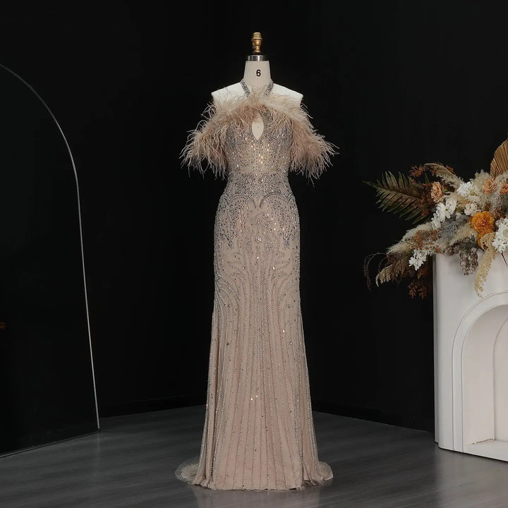 Romantic Feathered Evening Gown with Beaded Bodice Halter Neckline SS124