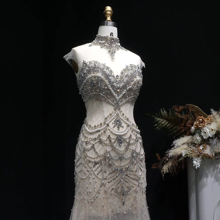 Luxury Silver Beaded High-Neck Mermaid  Evening Gown with Sheer Overlay SS380