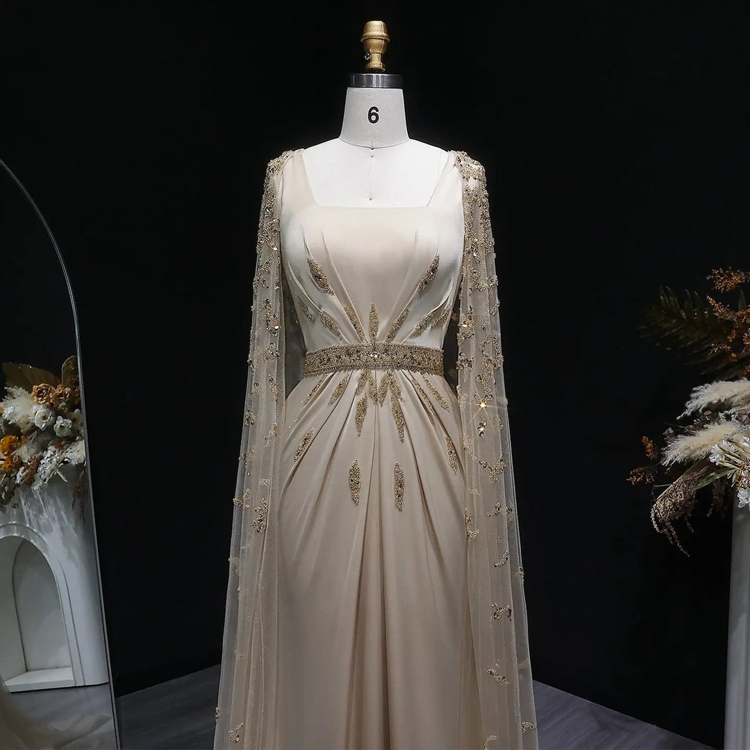 Luxury Champagne Cape Sleeve Evening Dress with Crystal Beading SS213