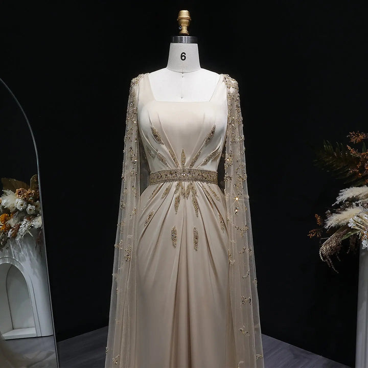 Luxury Champagne Cape Sleeve Evening Dress with Crystal Beading SS213