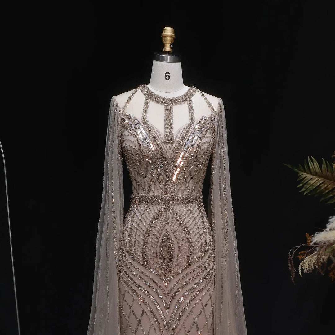 Elegant Pink Evening Gown Beads with sheer cape sleeves SS126