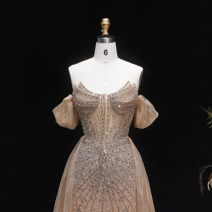 Luxury Pink Crystal Off-Shoulder Evening Dress With Overskirt SS120