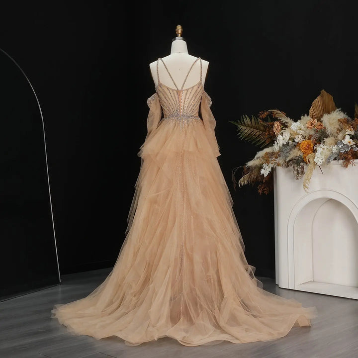 Elegant Off-Shoulder Evening Gown with Beaded Bodice Layered Tulle Train SS123