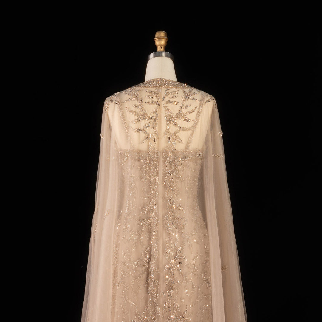 Luxury Beaded Evening Dress with Sheer Cape in Pink White SS393