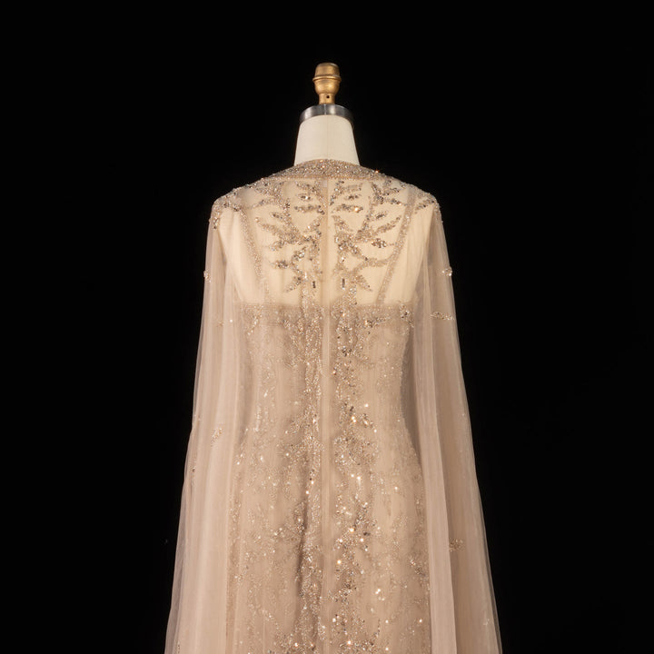 Luxury Beaded Evening Dress with Sheer Cape in Pink White SS393