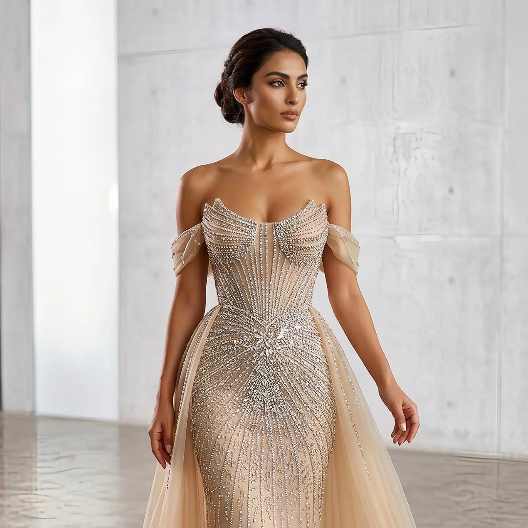 Luxury Pink Crystal Off-Shoulder Evening Dress With Overskirt SS120