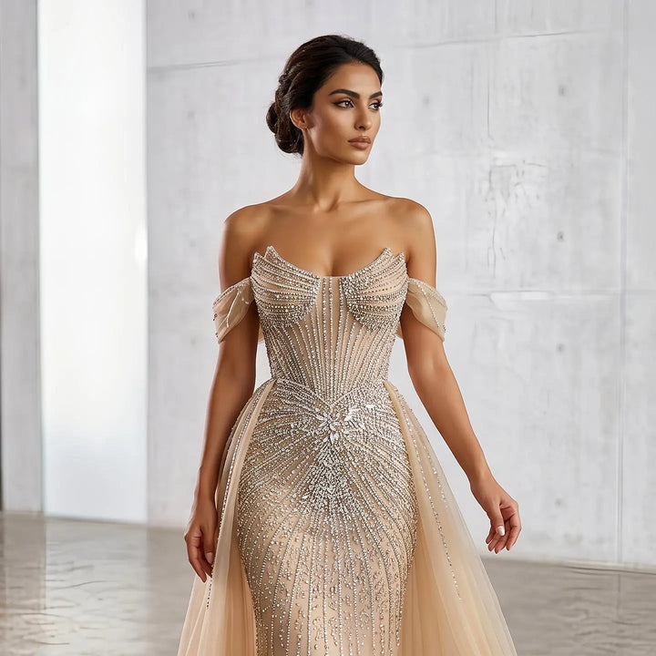 Luxury Pink Crystal Off-Shoulder Evening Dress With Overskirt SS120
