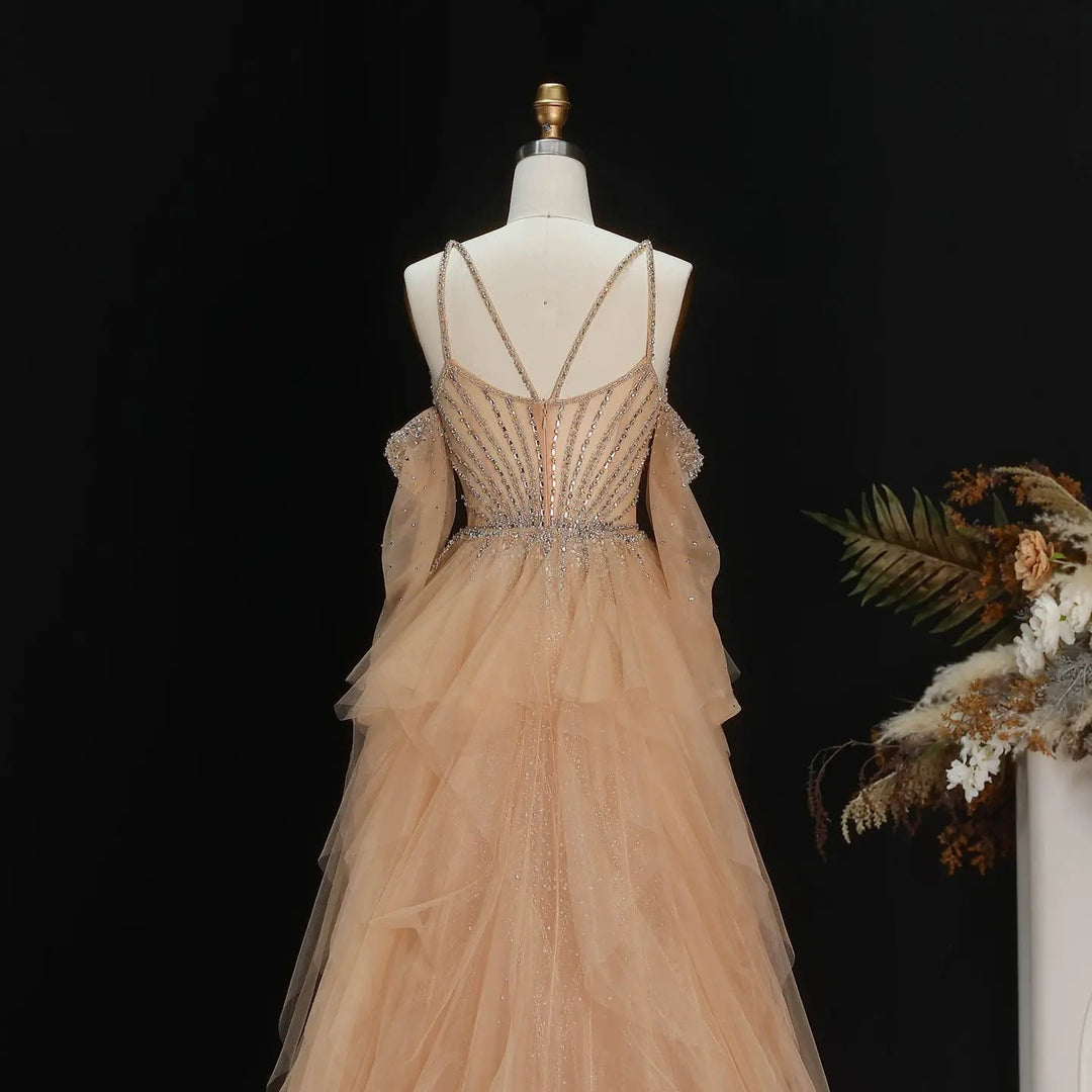 Elegant Off-Shoulder Evening Gown with Beaded Bodice Layered Tulle Train SS123