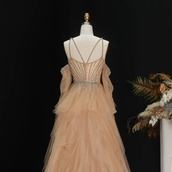 Elegant Off-Shoulder Evening Gown with Beaded Bodice Layered Tulle Train SS123