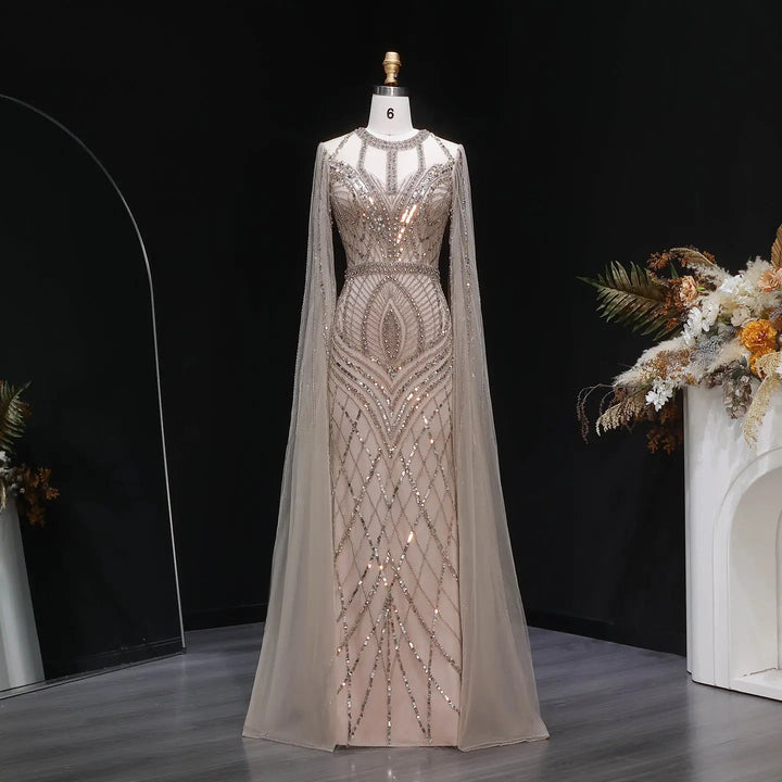 Elegant Pink Evening Gown Beads with sheer cape sleeves SS126