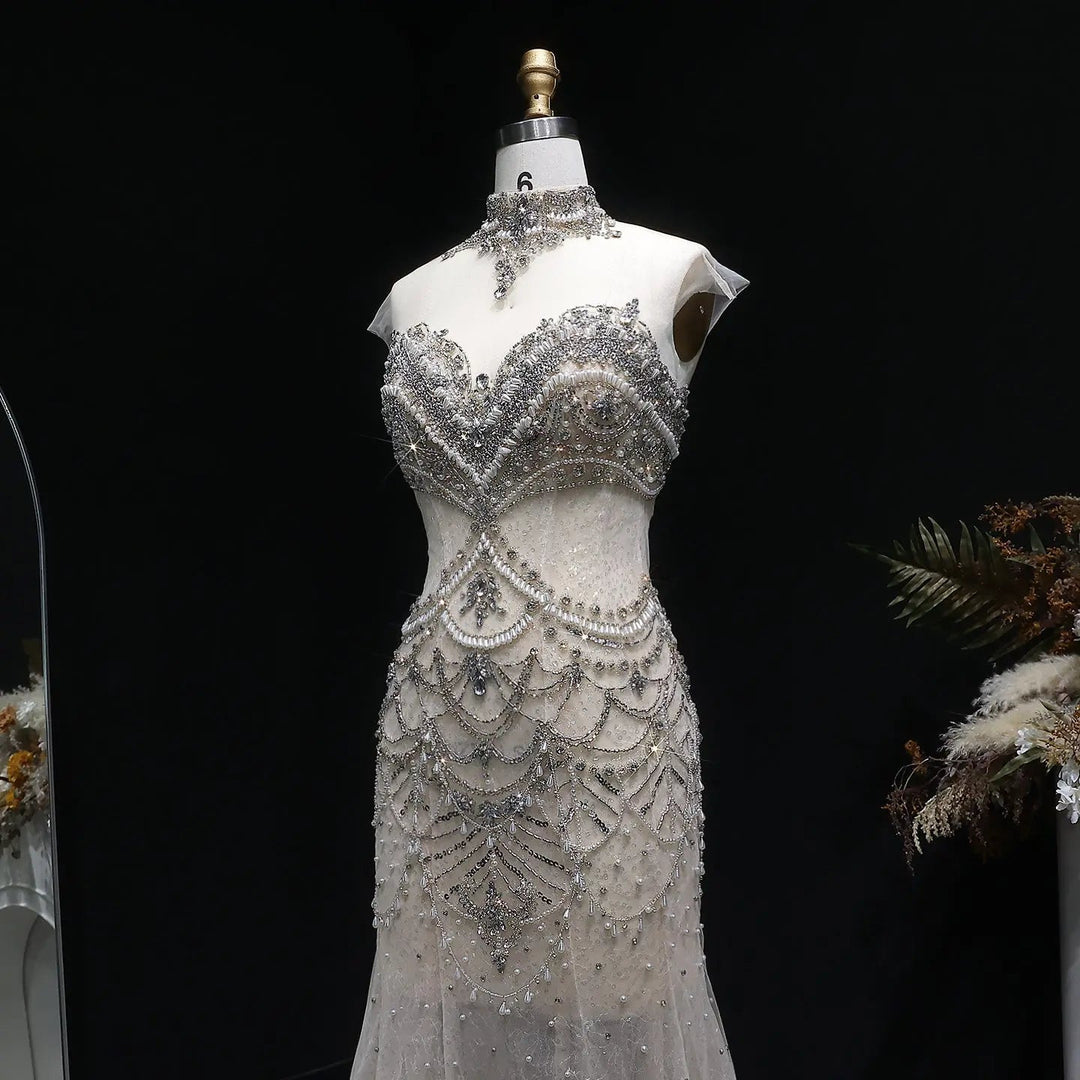 Luxury Silver Beaded High-Neck Mermaid  Evening Gown with Sheer Overlay SS380
